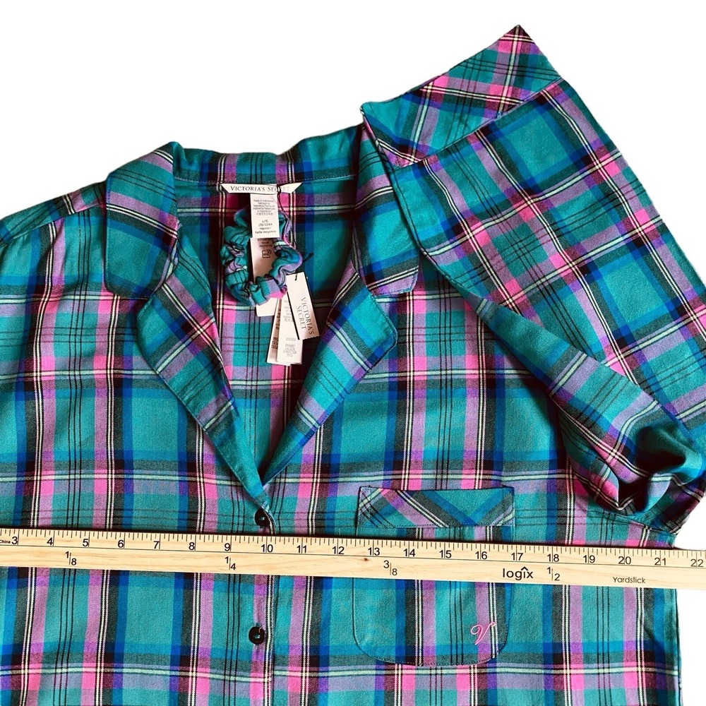 Victoria's Secret Pajama Shirt Size L & Hair Scrunchie Green Pink Plaid Flannel - Picture 8 of 10